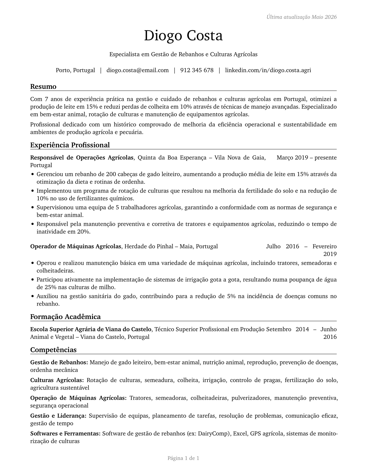 Farmworkers, Farm, Ranch, and Aquacultural Animals CV in Portuguese — page 1