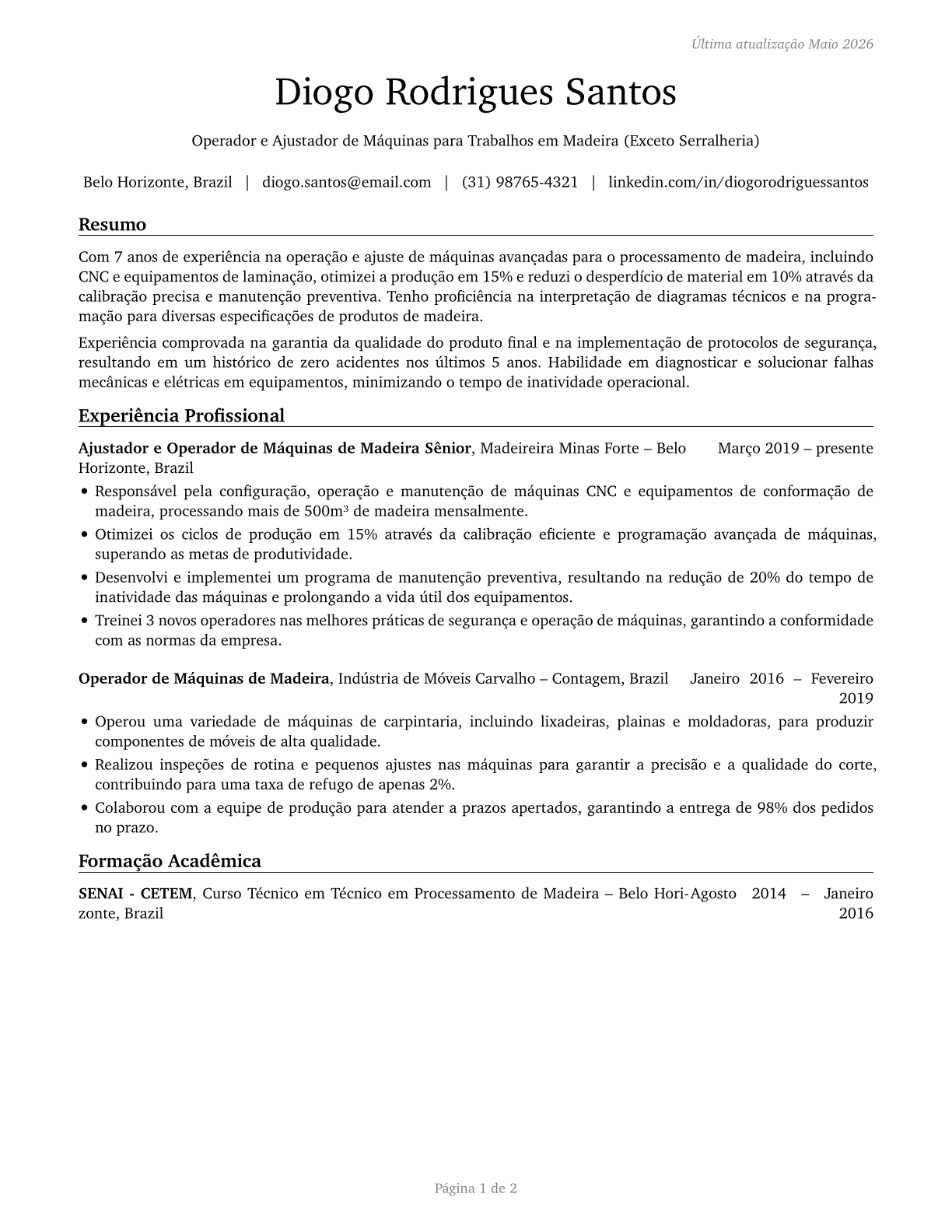 Woodworking Machine Setters, Operators, and Tenders, Except Sawing CV in Portuguese — page 1