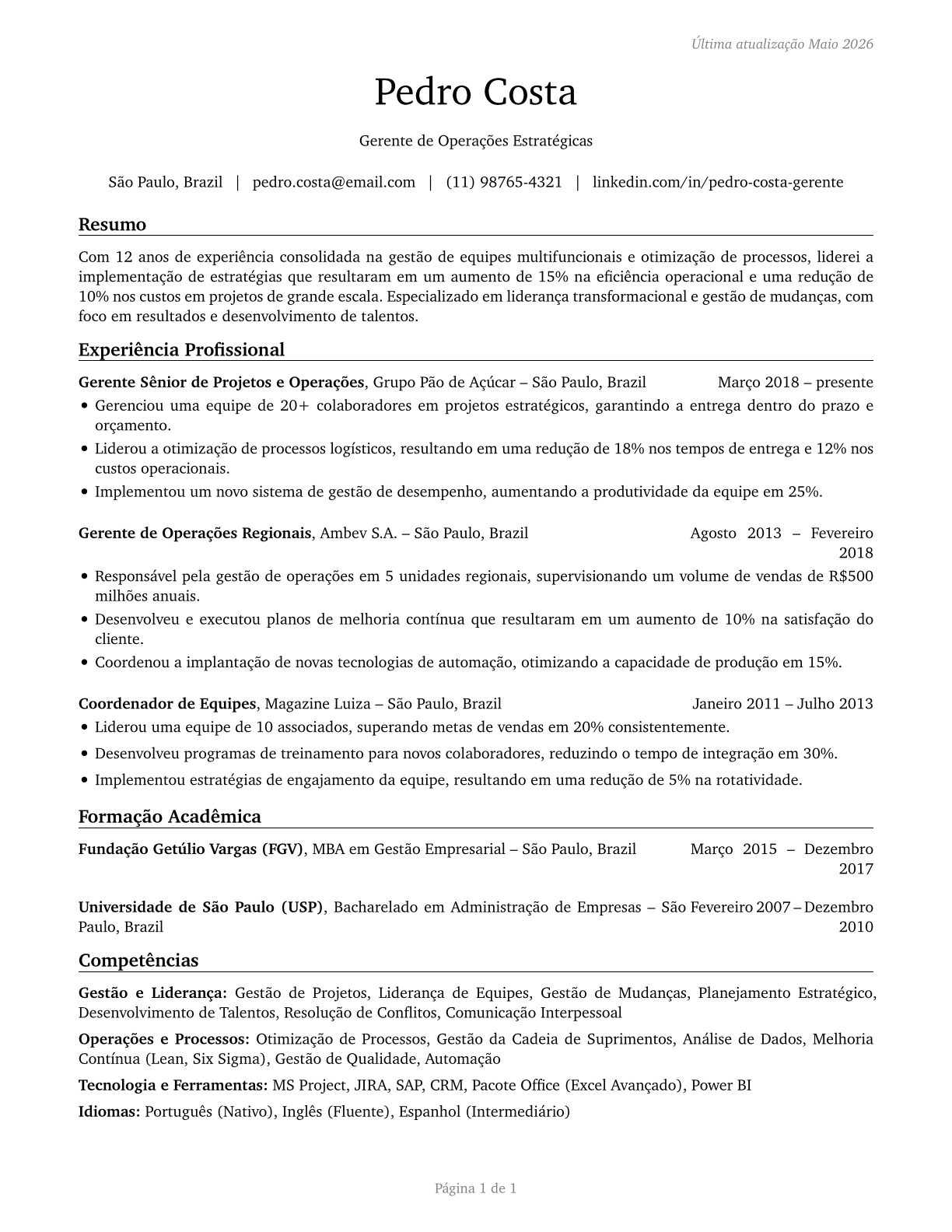 Managers, All Other CV in Portuguese — page 1