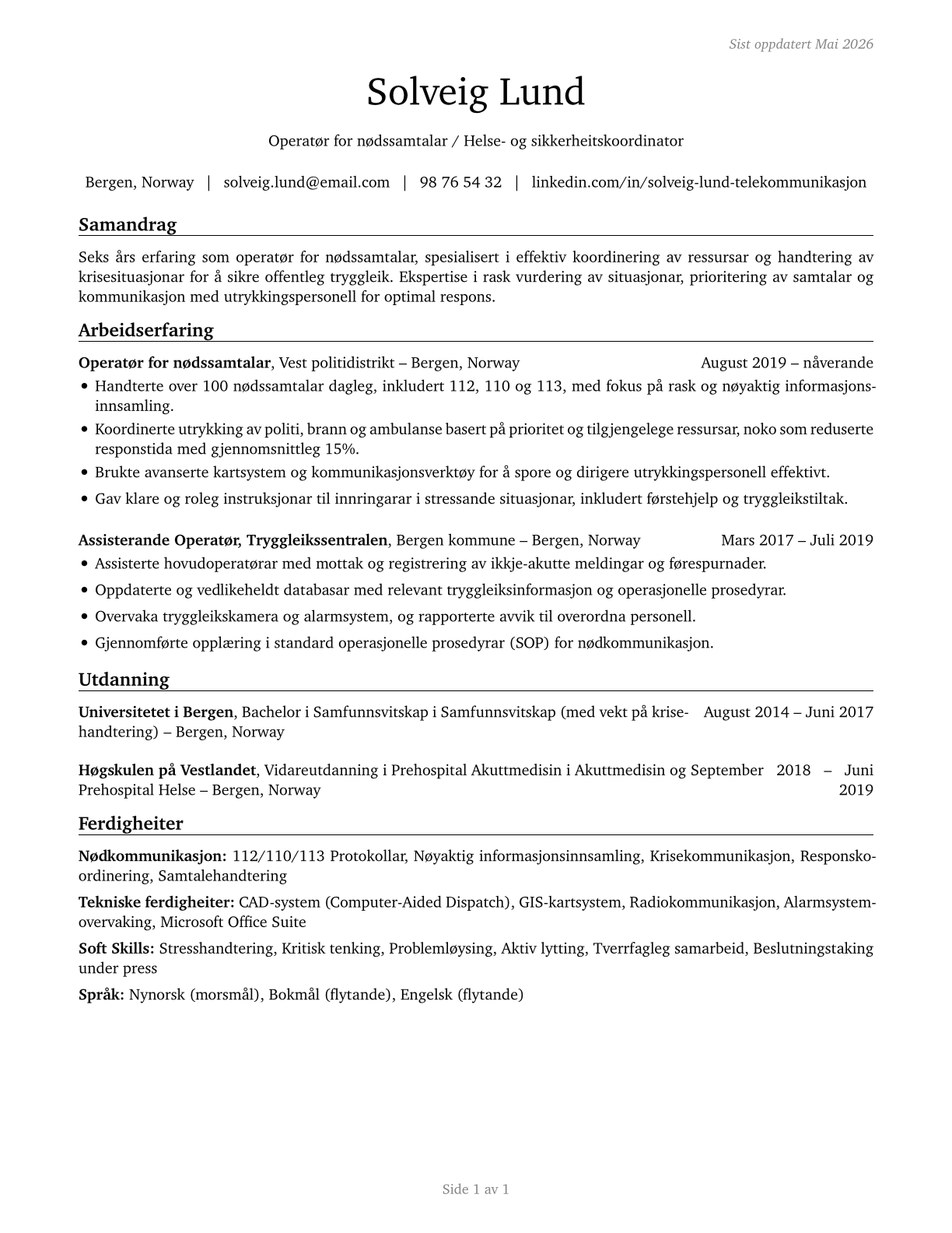 Public Safety Telecommunicators CV in Norwegian_nynorsk — page 1