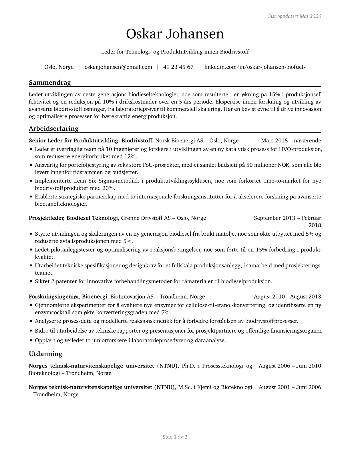 Biofuels/Biodiesel Technology and Product Development Managers CV in Norwegian_bokmal — page 1
