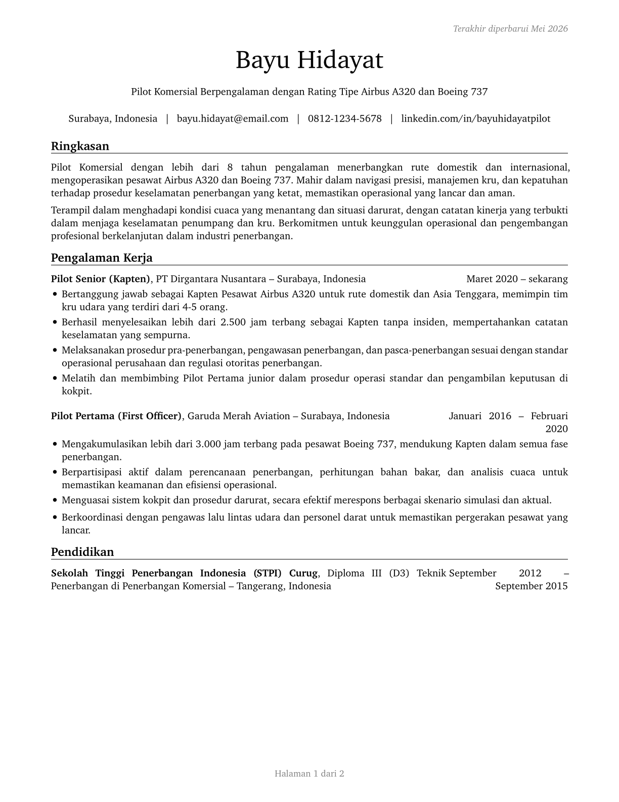 Commercial Pilots CV in Indonesian — page 1