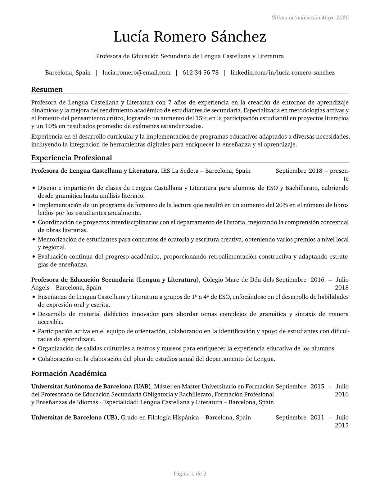 Secondary School Teachers, Except Special and Career/Technical Education CV in Spanish — page 1