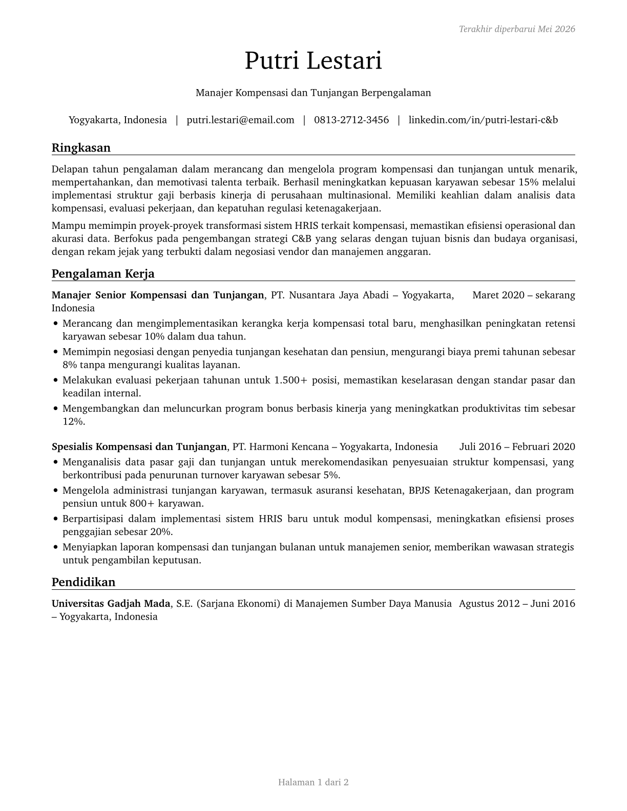 Compensation and Benefits Managers CV in Indonesian — page 1