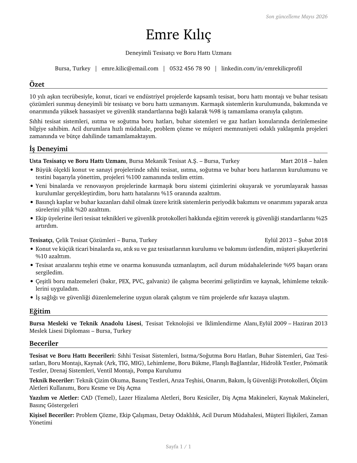 Plumbers, Pipefitters, and Steamfitters CV in Turkish — page 1
