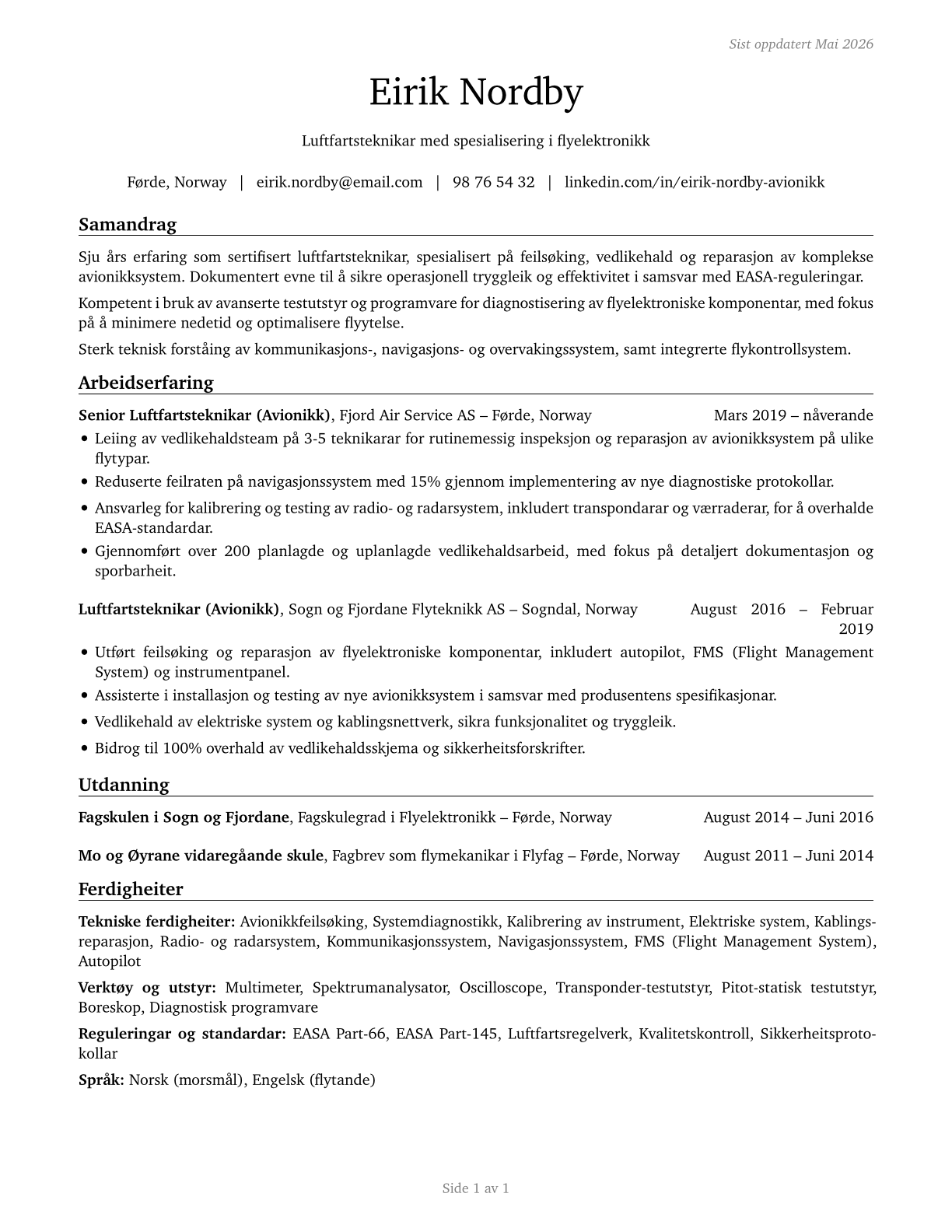 Avionics Technicians CV in Norwegian_nynorsk — page 1