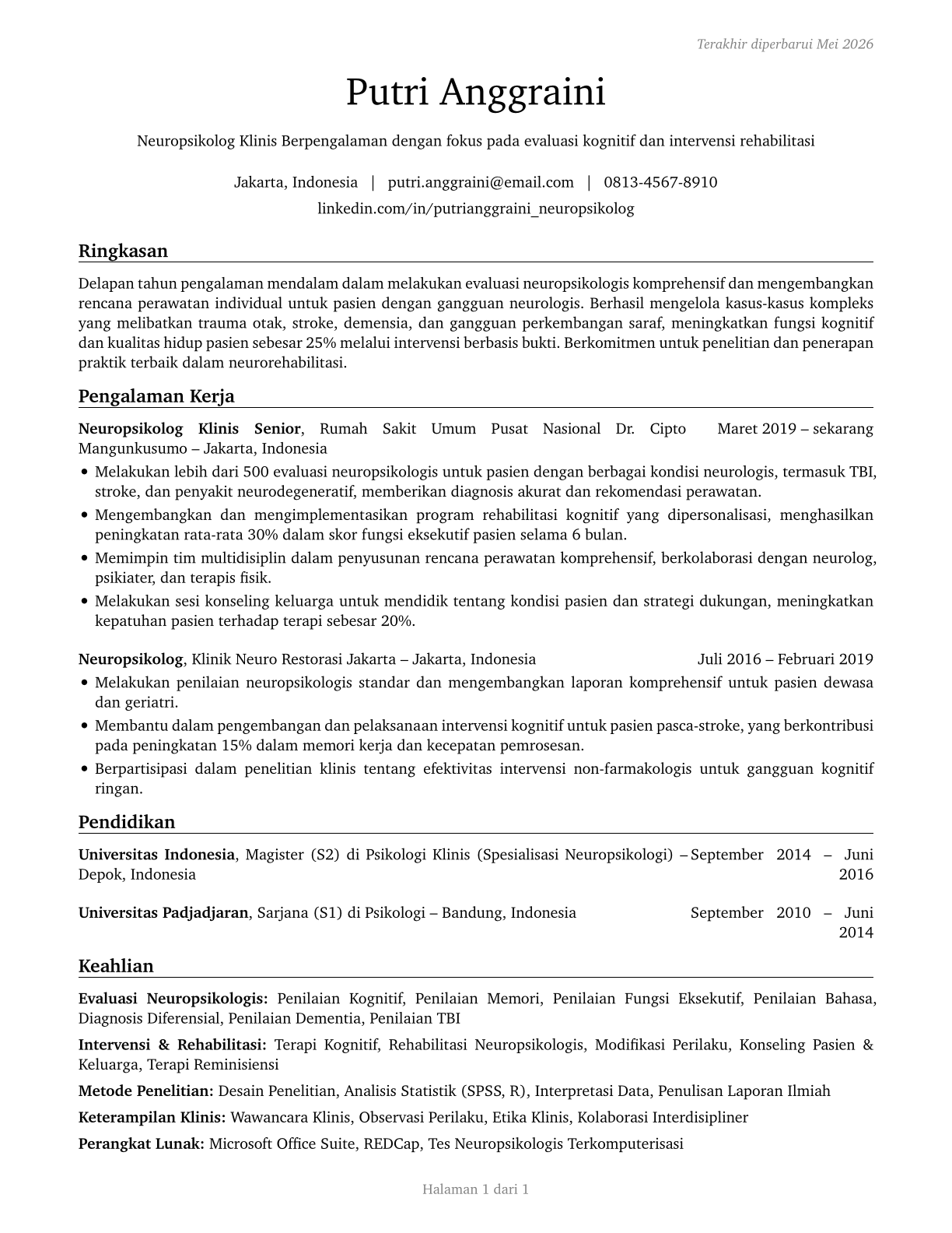 Neuropsychologists CV in Indonesian — page 1