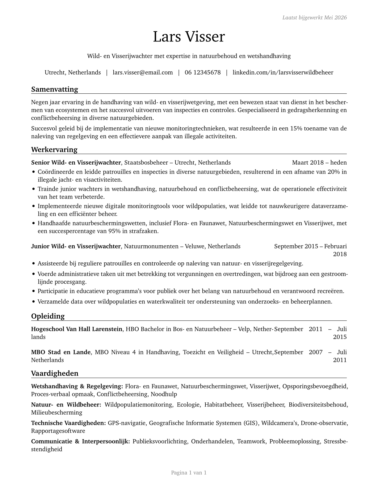 Fish and Game Wardens CV in Dutch — page 1