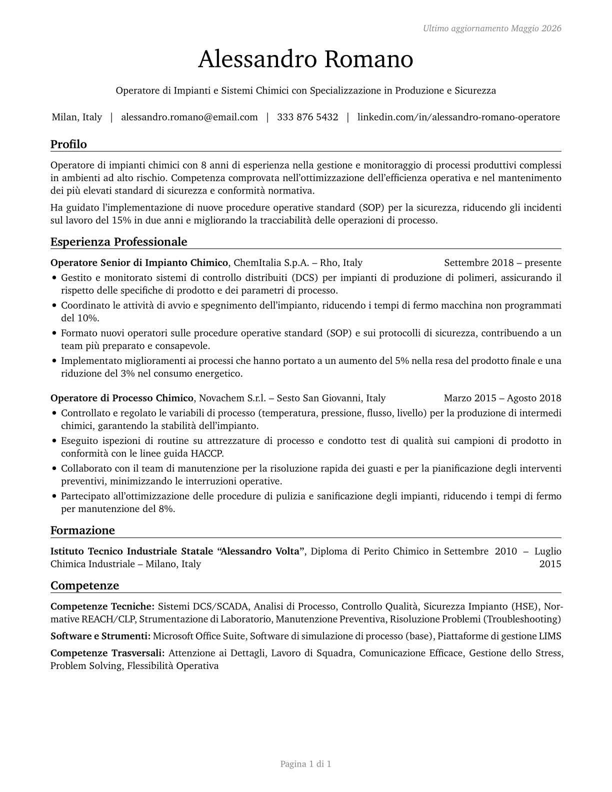 Chemical Plant and System Operators CV in Italian — page 1