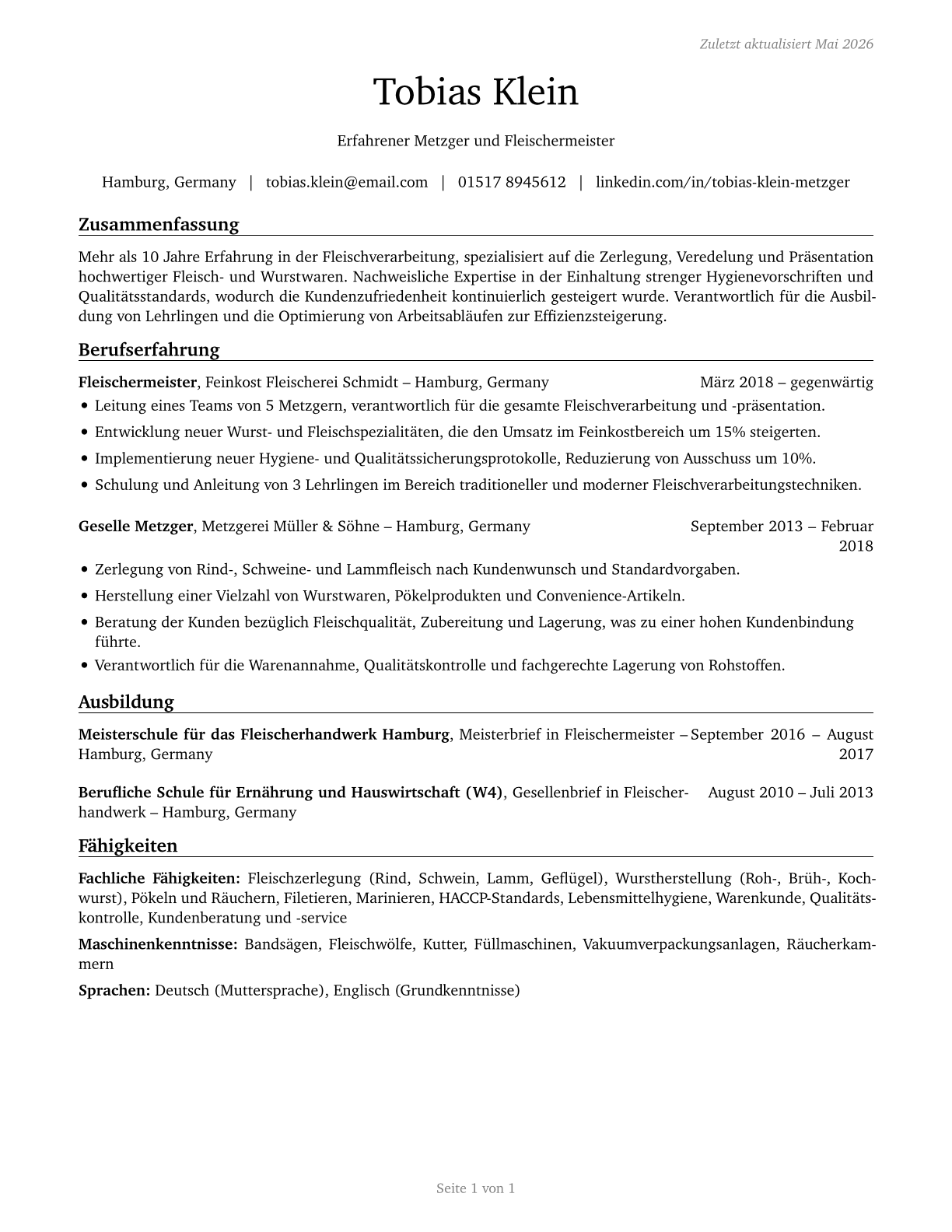 Butchers and Meat Cutters CV in German — page 1