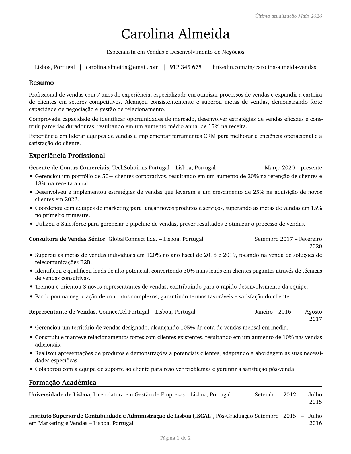 Sales and Related Workers, All Other CV in Portuguese — page 1