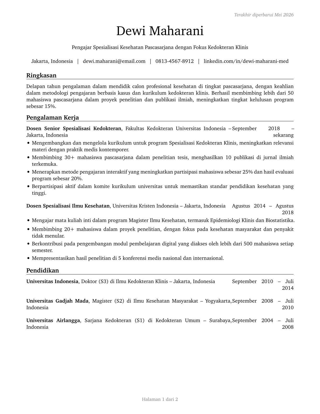 Health Specialties Teachers, Postsecondary CV in Indonesian — page 1