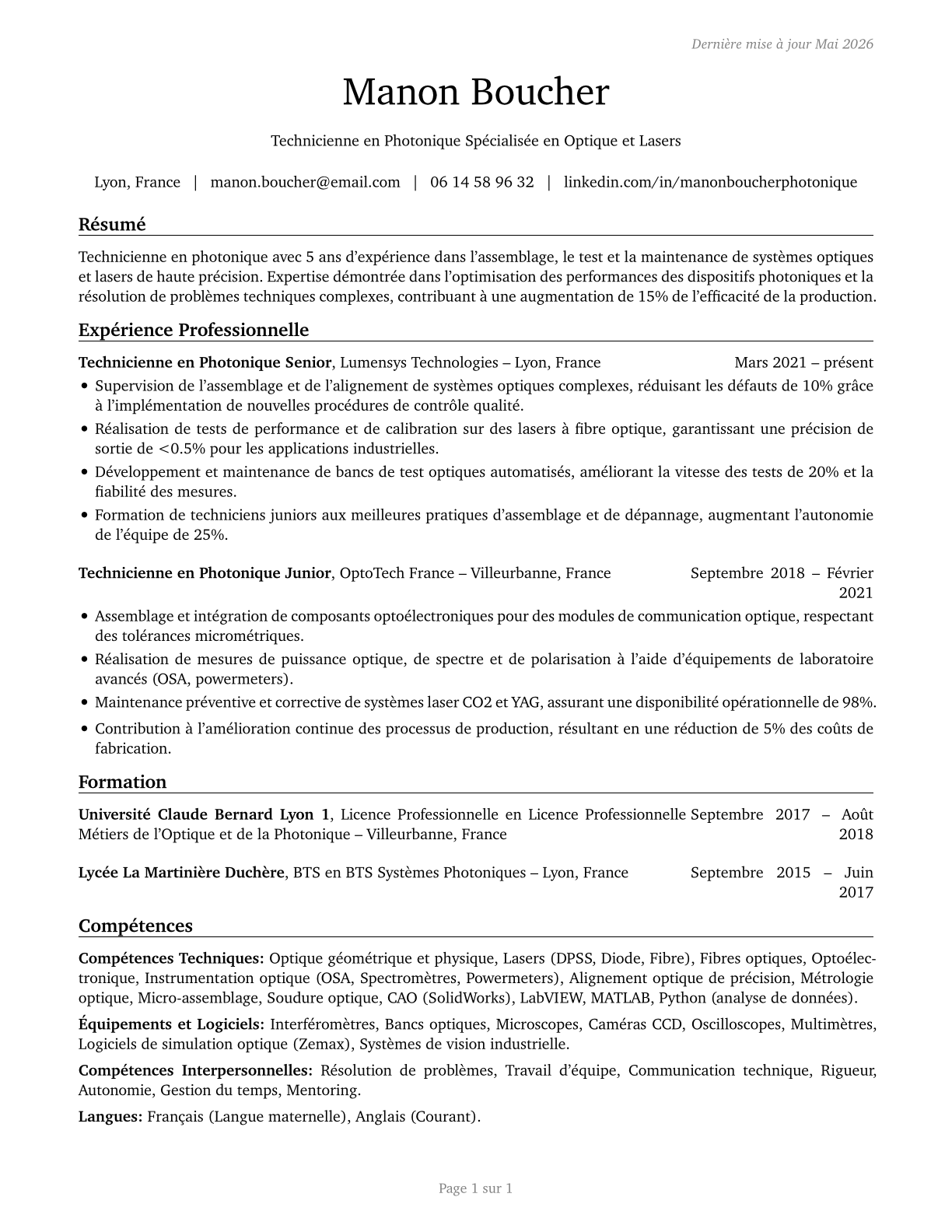 Photonics Technicians CV in French — page 1