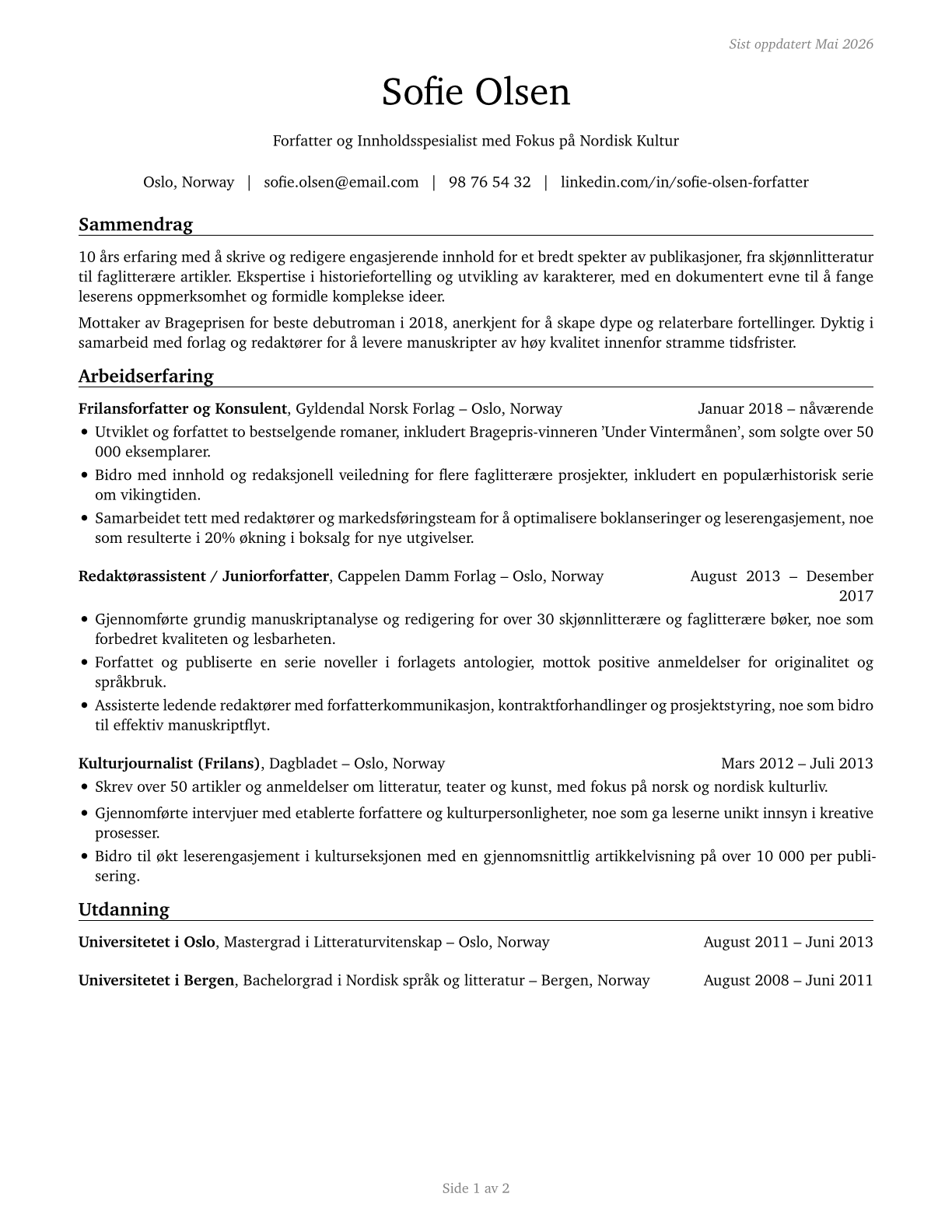 Writers and Authors CV in Norwegian_bokmal — page 1