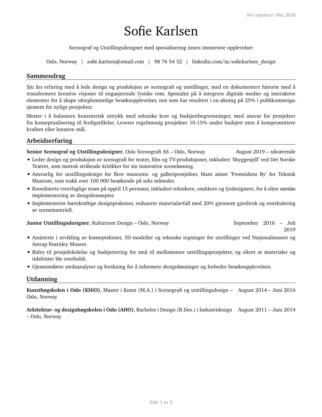 Set and Exhibit Designers CV in Norwegian_bokmal — page 1