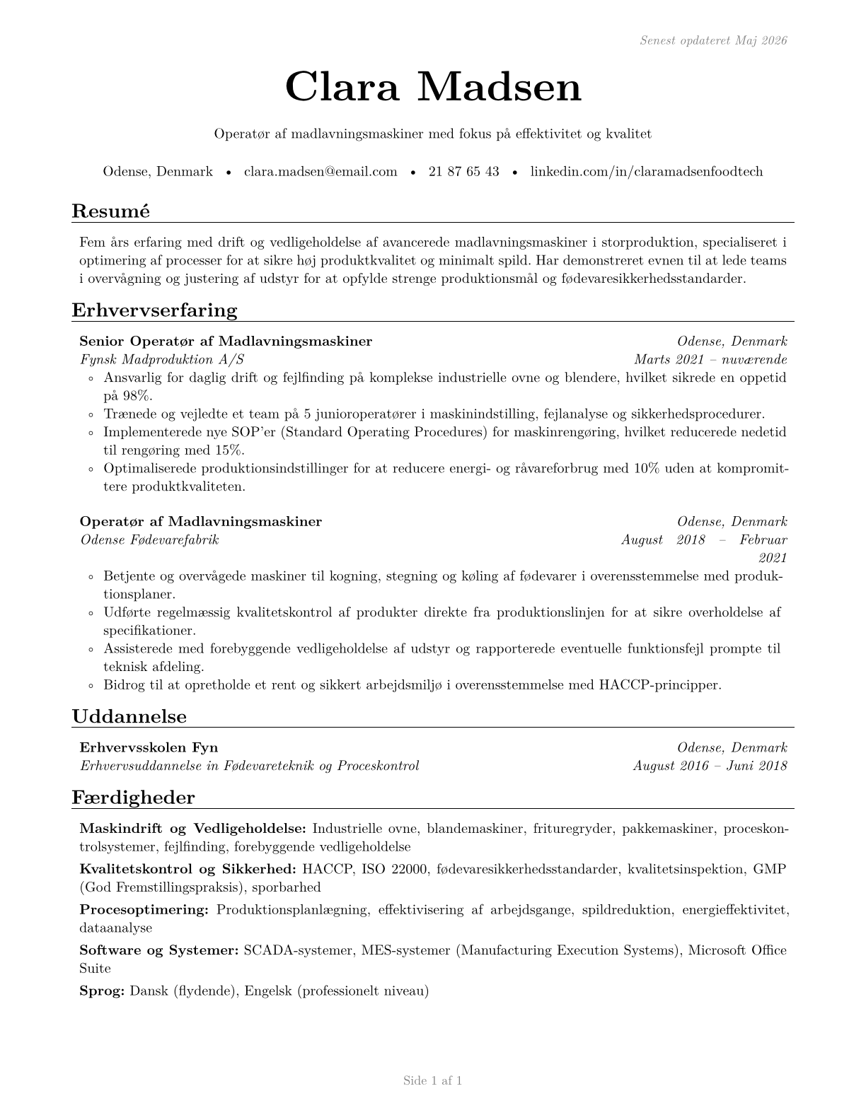 Food Cooking Machine Operators and Tenders CV in Danish — page 1