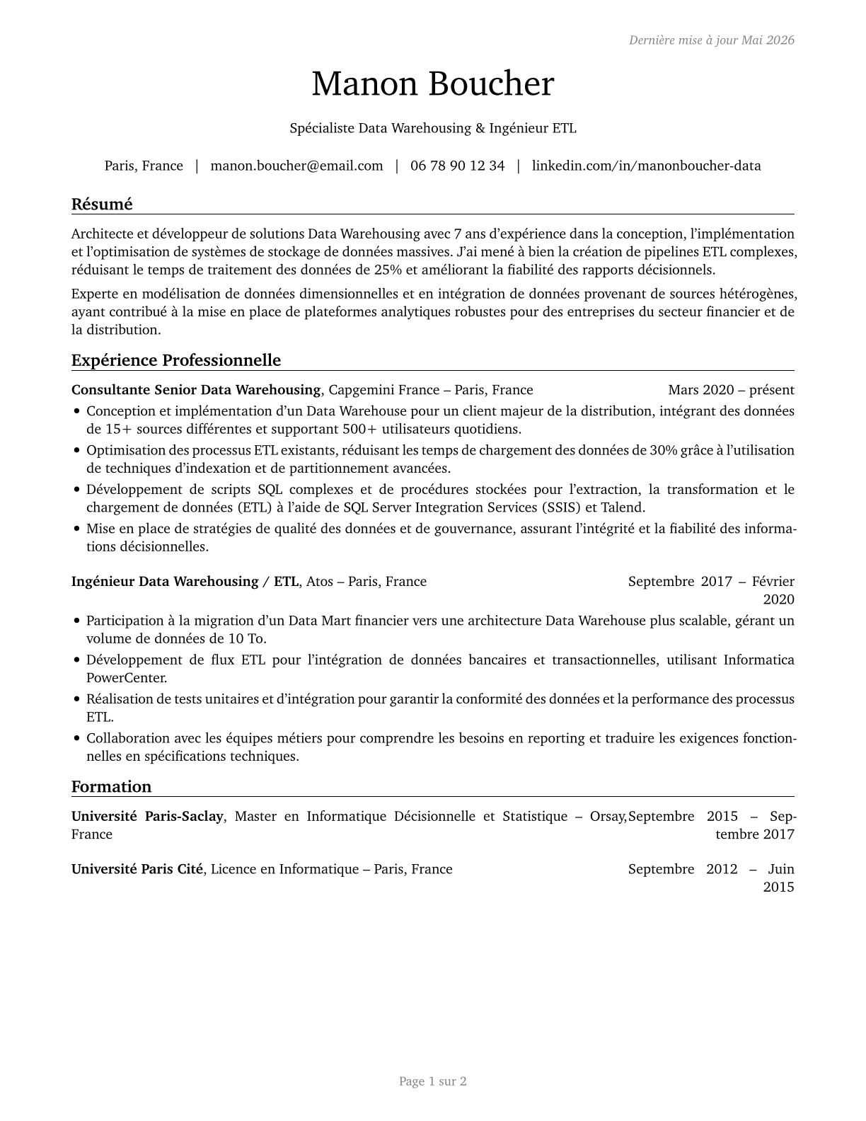 Data Warehousing Specialists CV in French — page 1