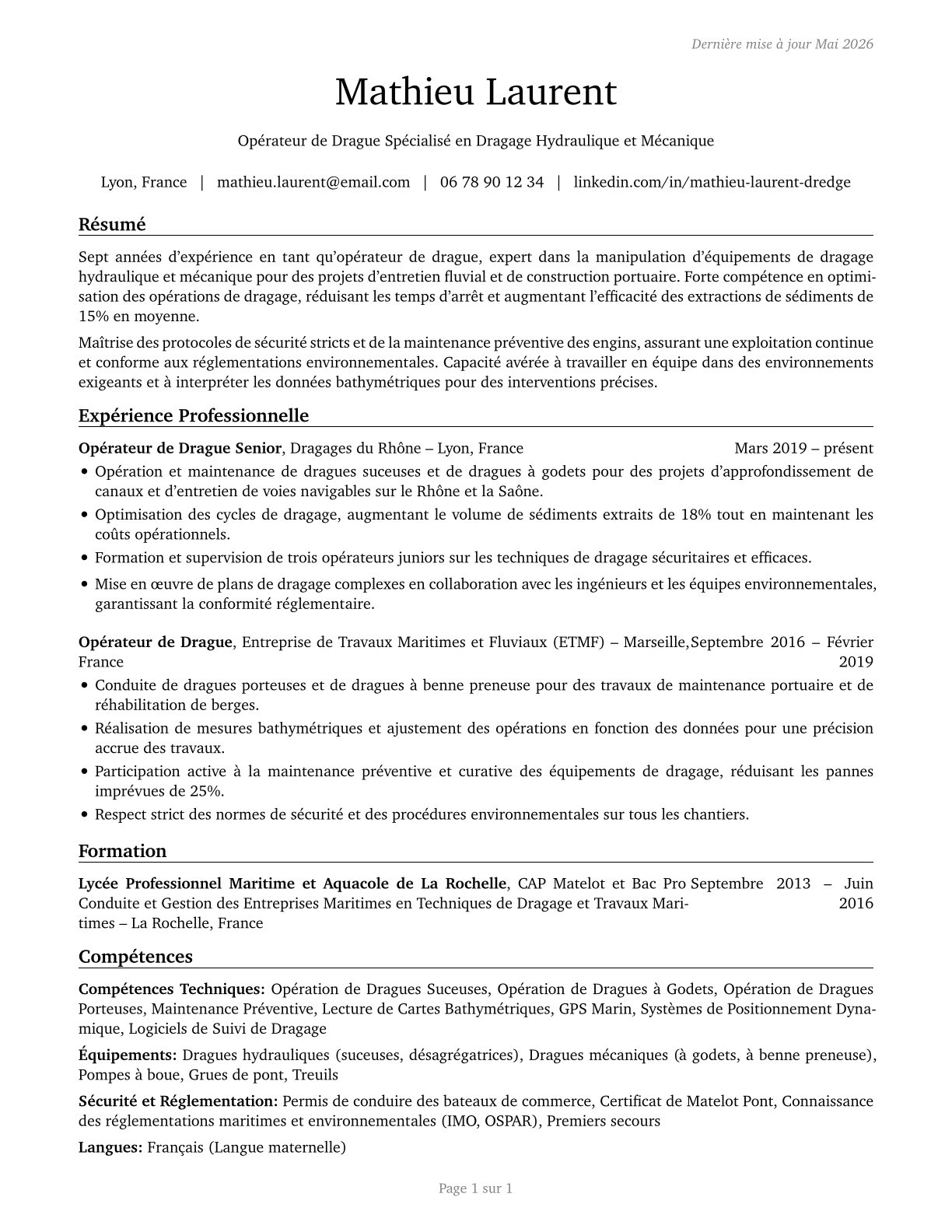 Dredge Operators CV in French — page 1