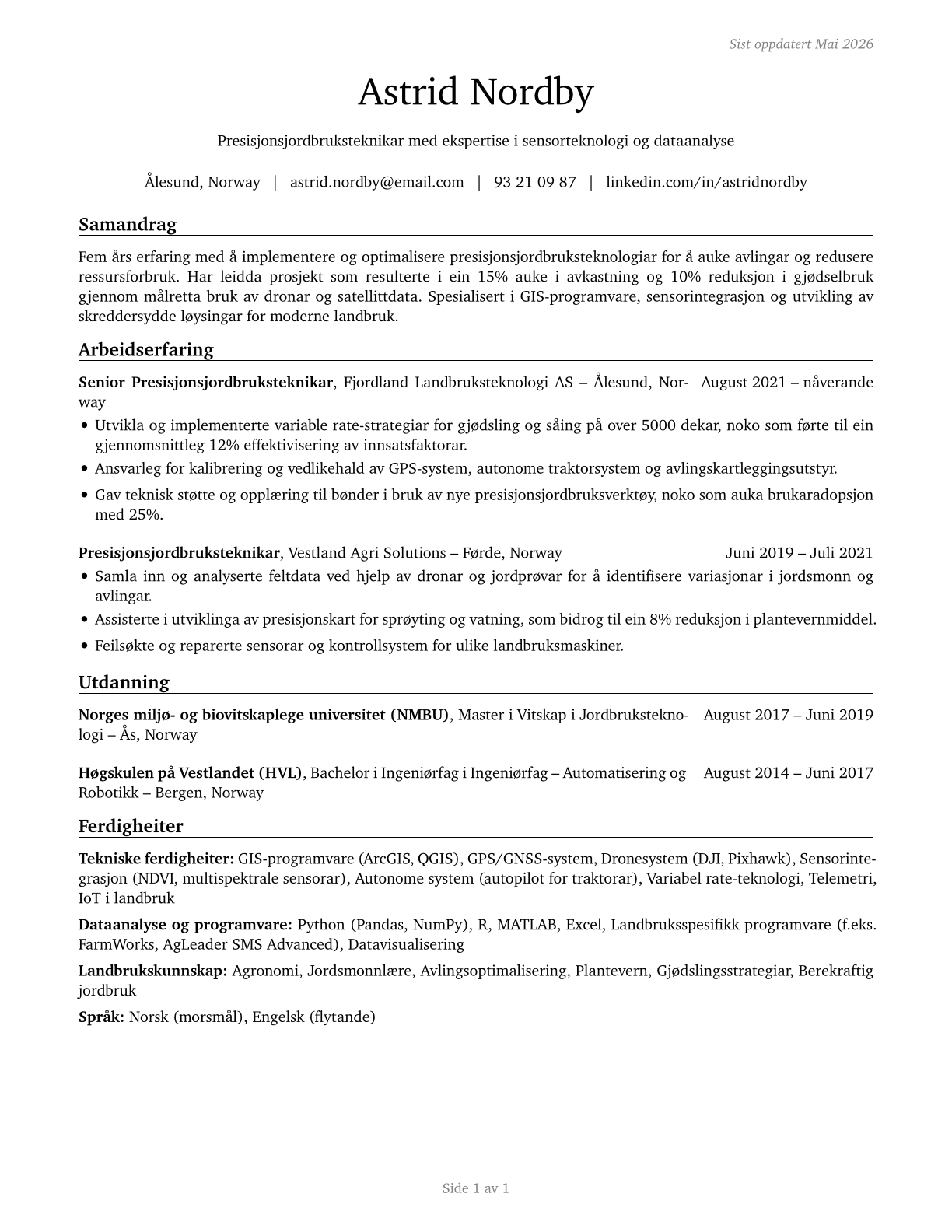 Precision Agriculture Technicians CV in Norwegian_nynorsk — page 1