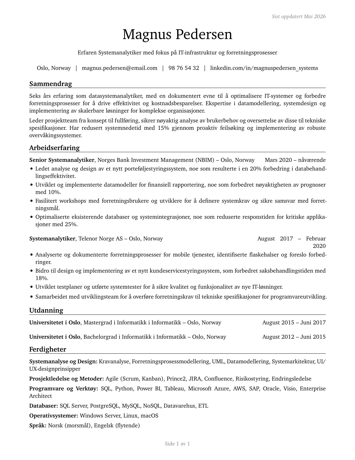Computer Systems Analysts CV in Norwegian_bokmal — page 1