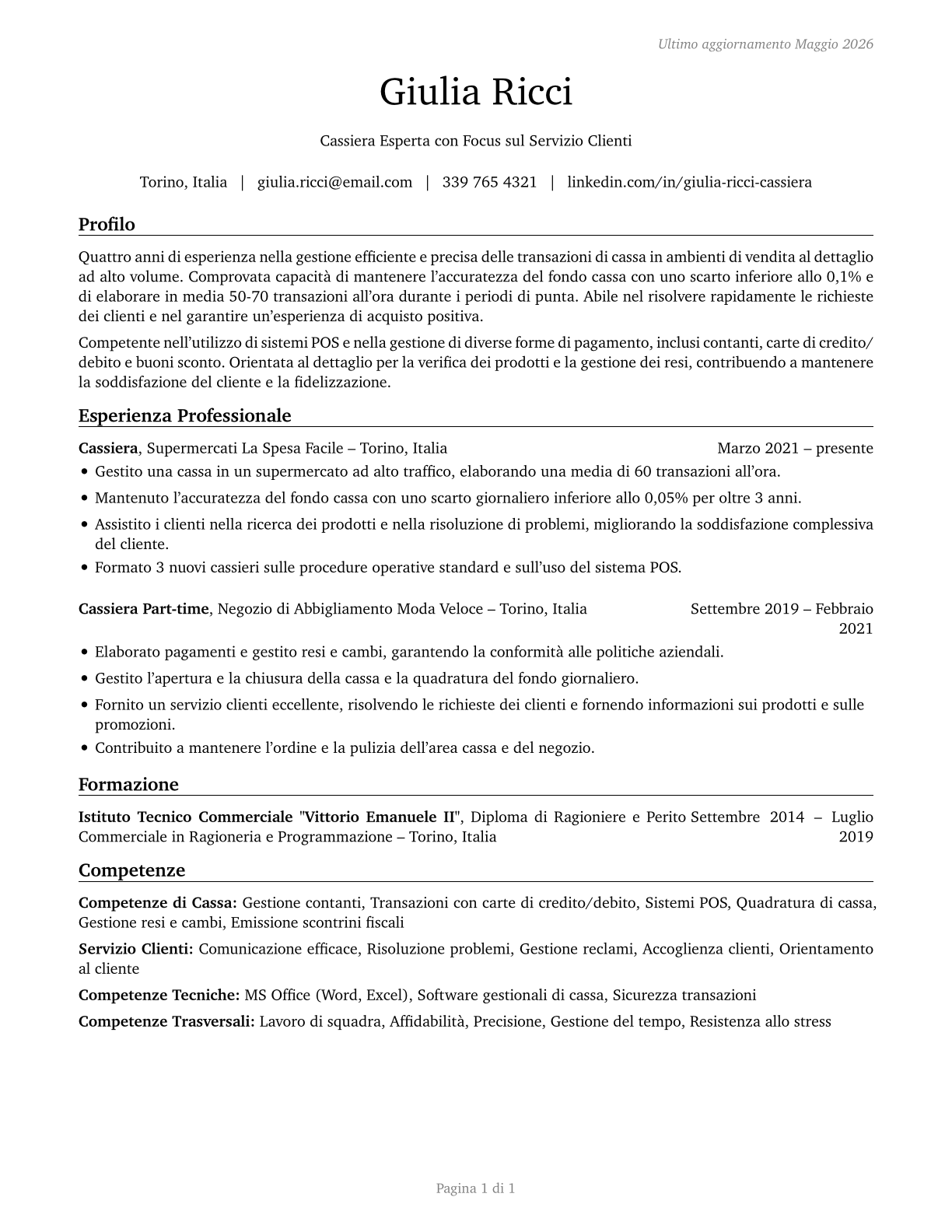 Cashiers CV in Italian — page 1