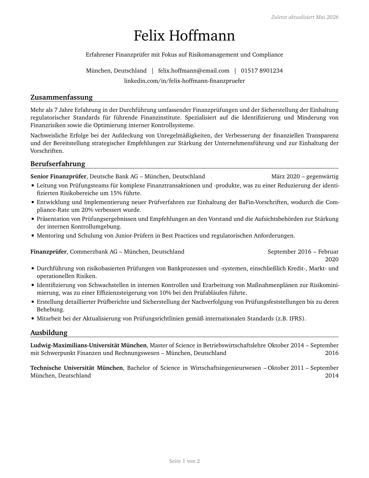 Financial Examiners CV in German — page 1
