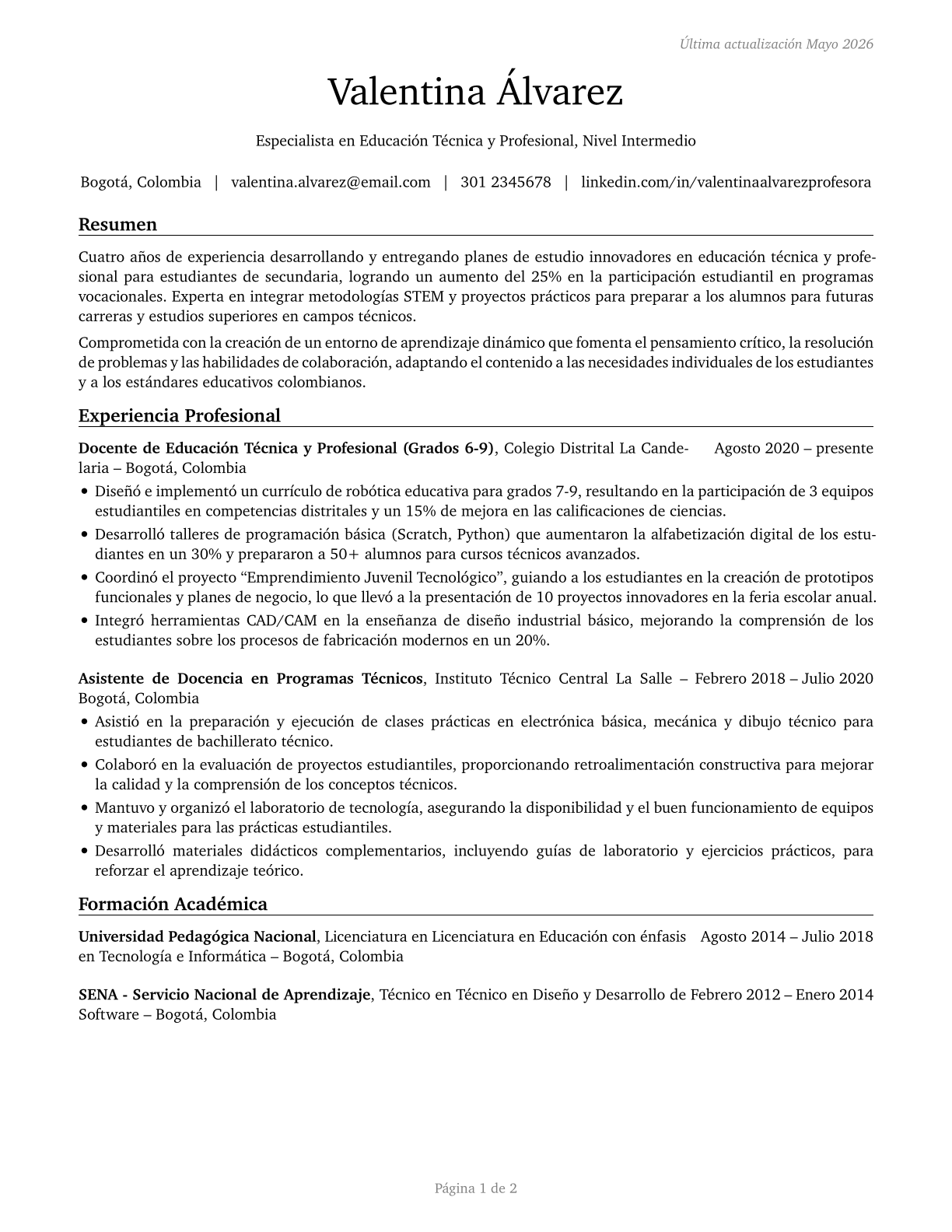 Career/Technical Education Teachers, Middle School CV in Spanish — page 1