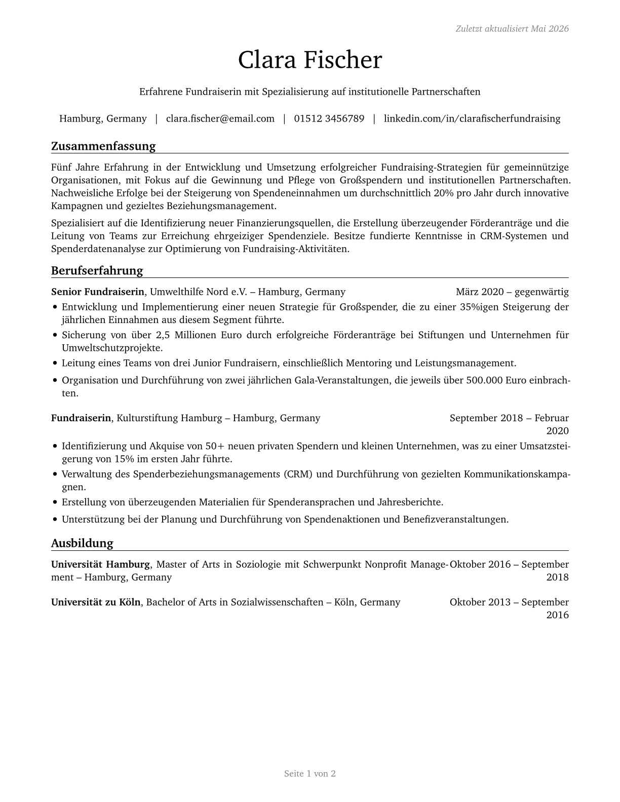 Fundraisers CV in German — page 1
