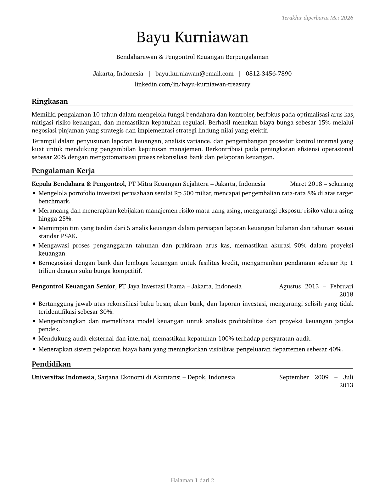 Treasurers and Controllers CV in Indonesian — page 1