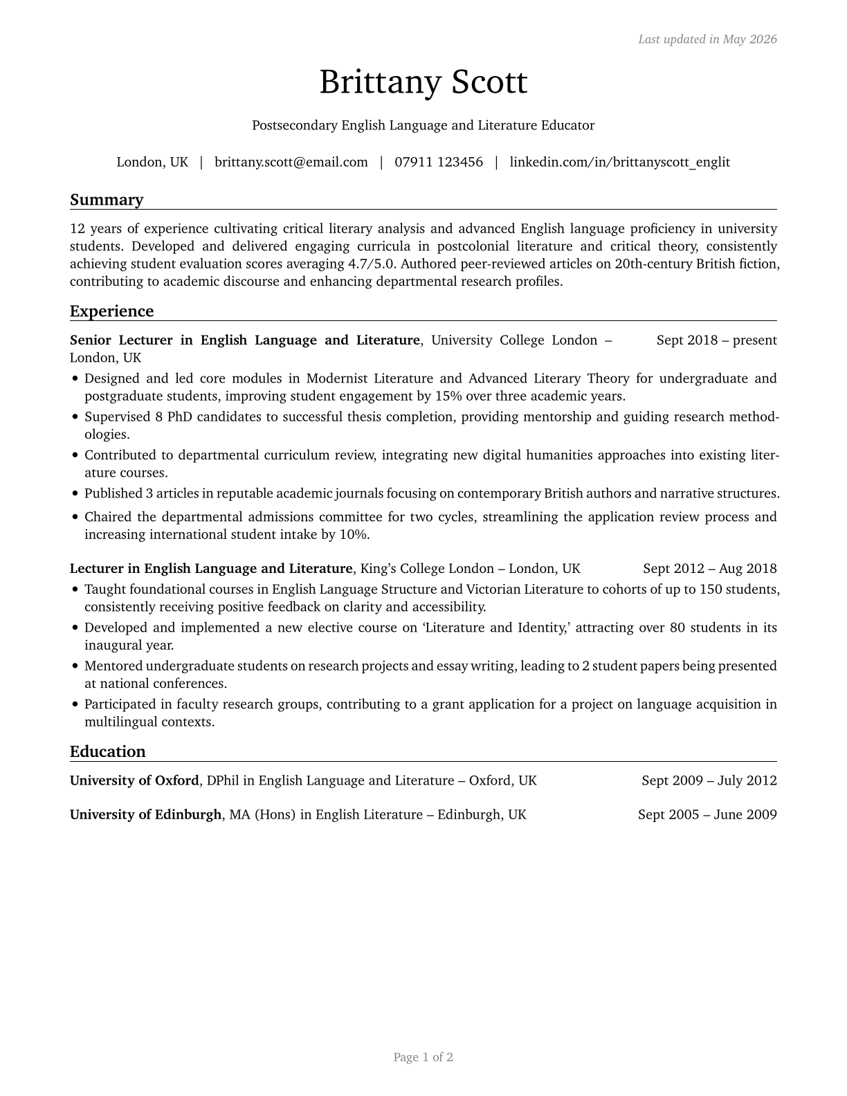 English Language and Literature Teachers, Postsecondary CV in English — page 1