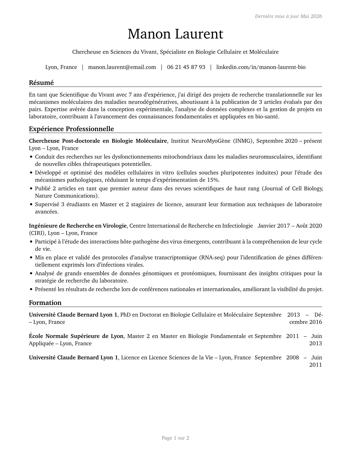 Life Scientists, All Other CV in French — page 1
