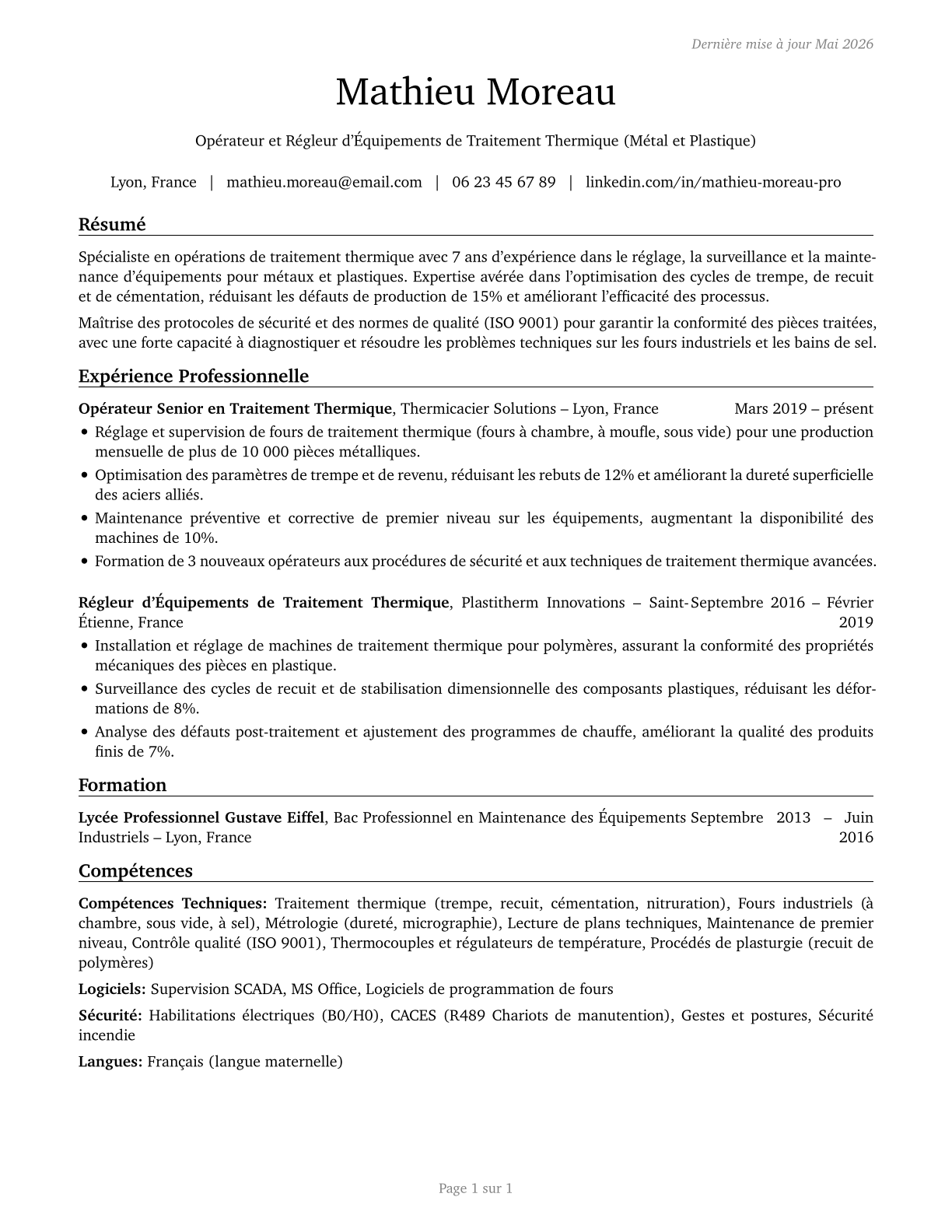 Heat Treating Equipment Setters, Operators, and Tenders, Metal and Plastic CV in French — page 1