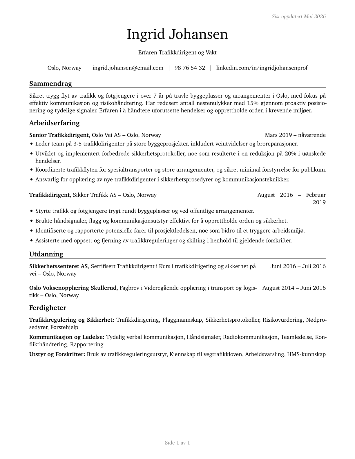 Crossing Guards and Flaggers CV in Norwegian_bokmal — page 1