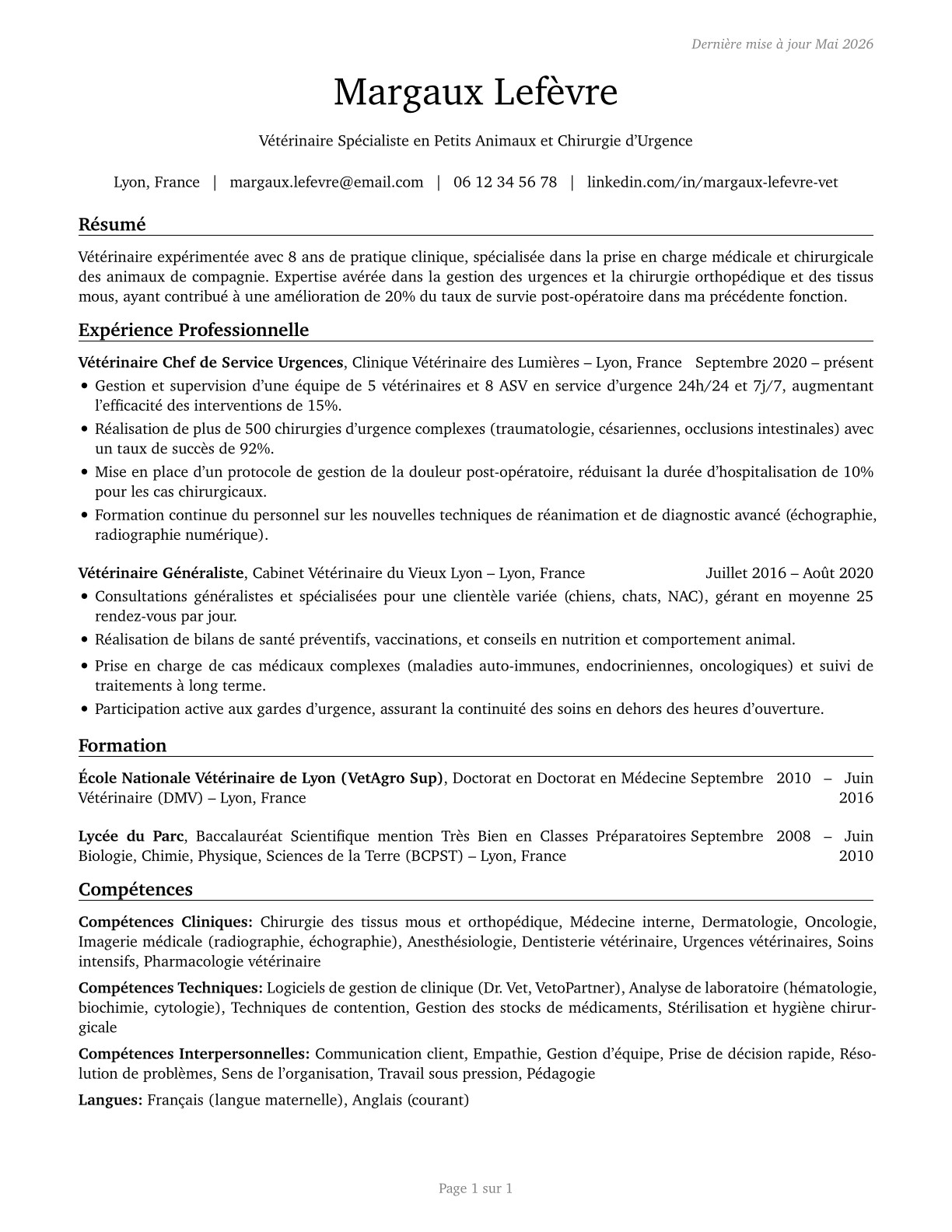 Veterinarians CV in French — page 1