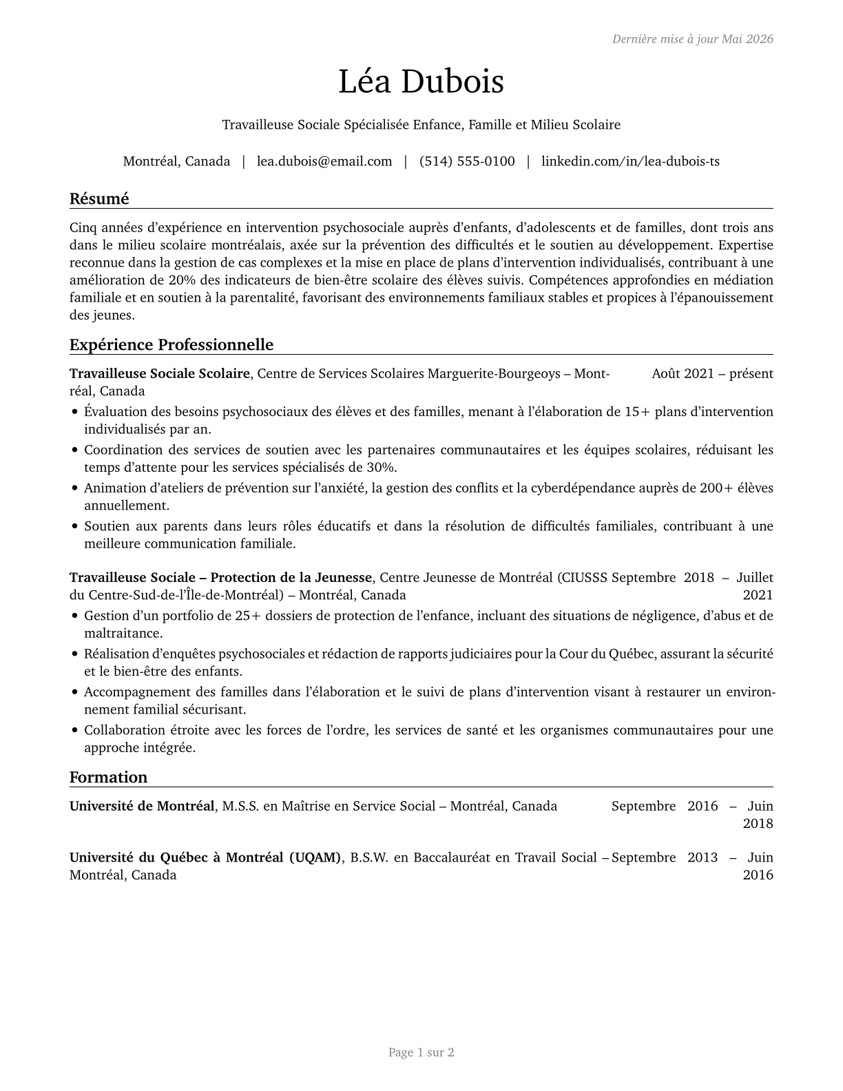 Child, Family, and School Social Workers CV in French — page 1
