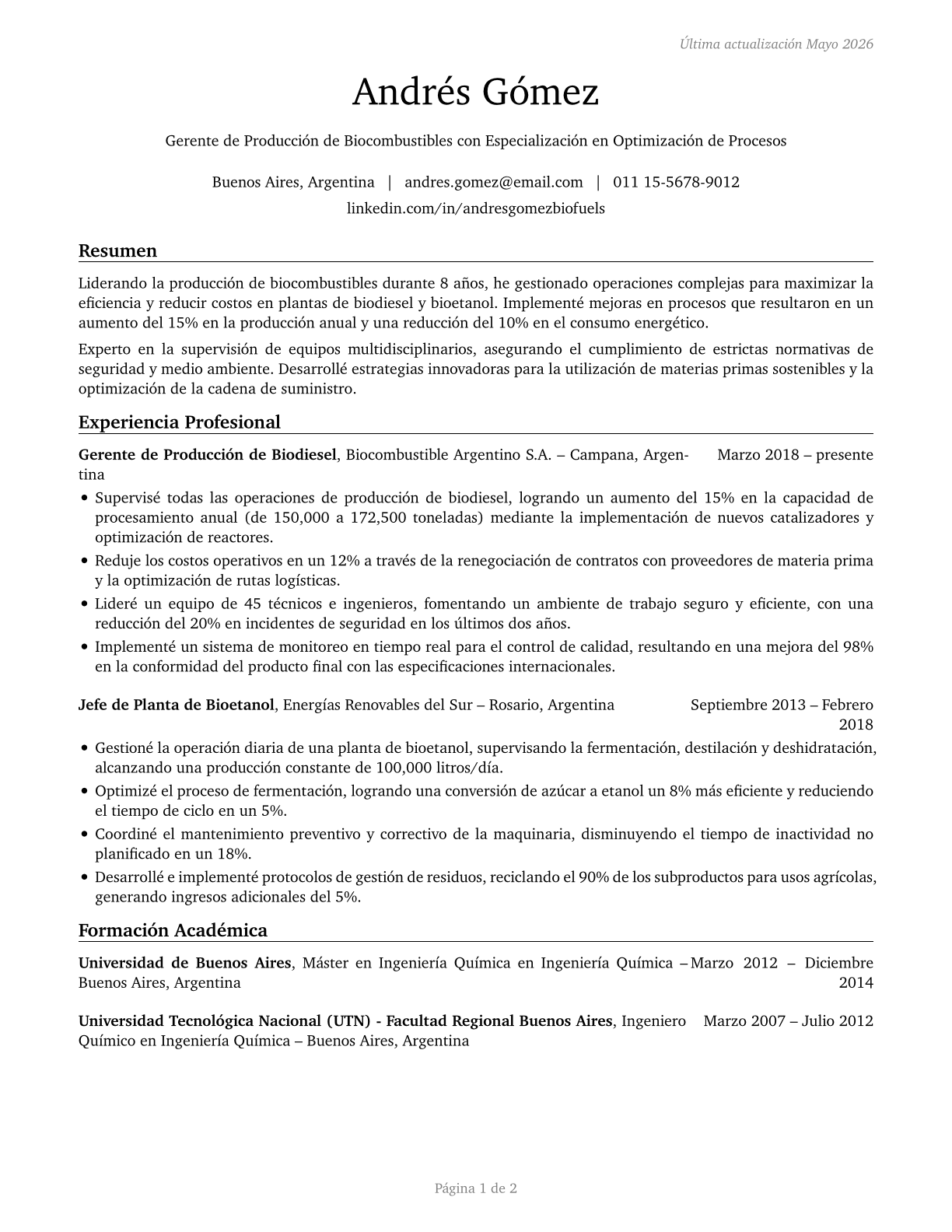 Biofuels Production Managers CV in Spanish — page 1