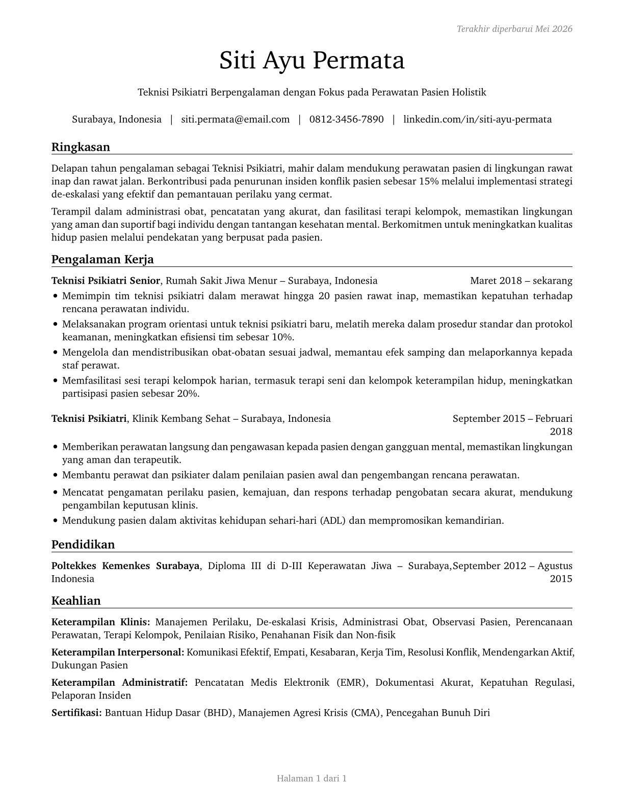 Psychiatric Technicians CV in Indonesian — page 1