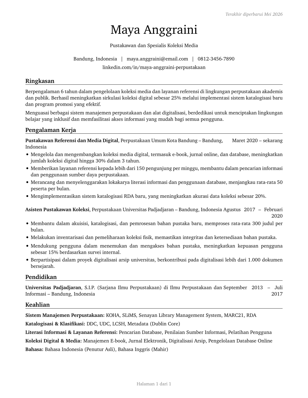 Librarians and Media Collections Specialists CV in Indonesian — page 1