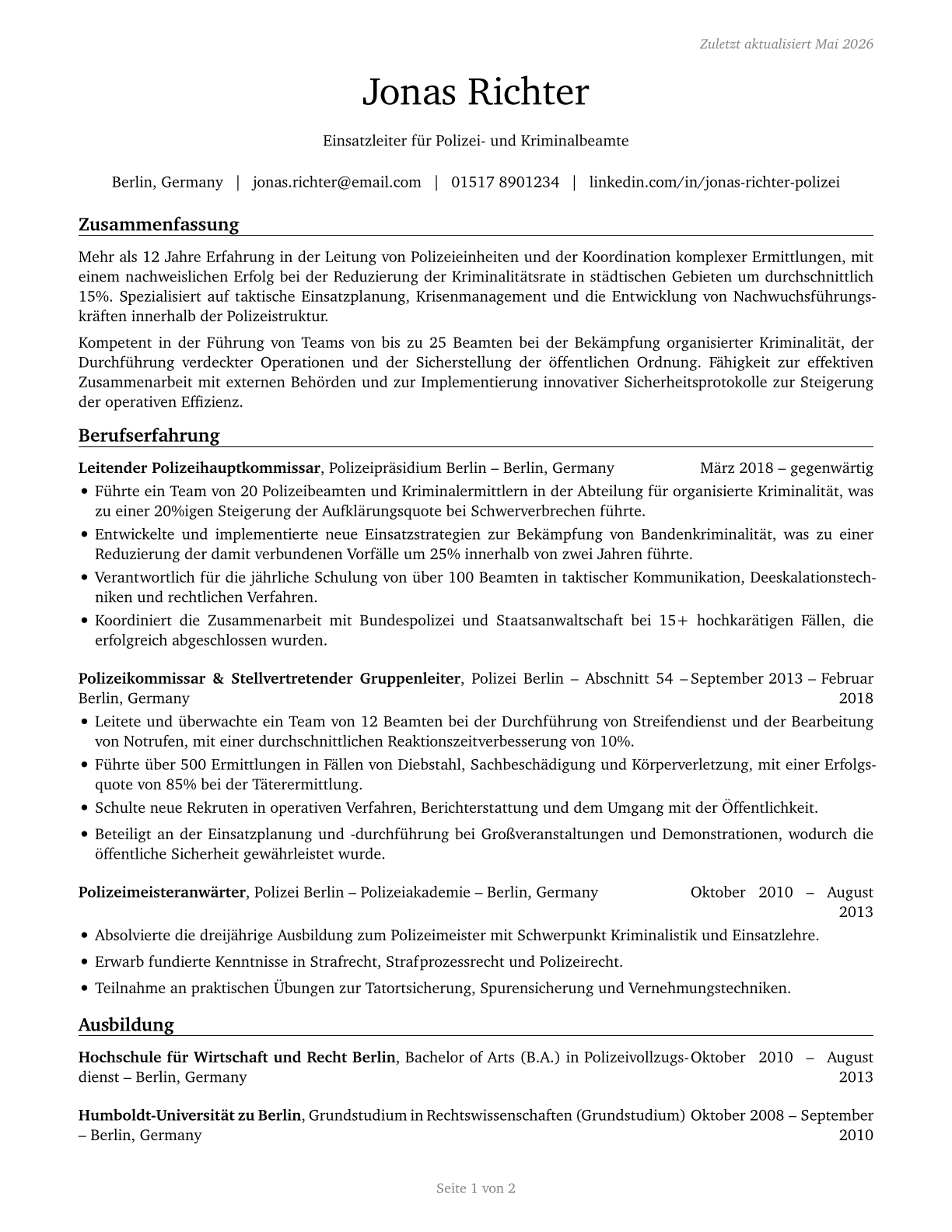 First-Line Supervisors of Police and Detectives CV in German — page 1