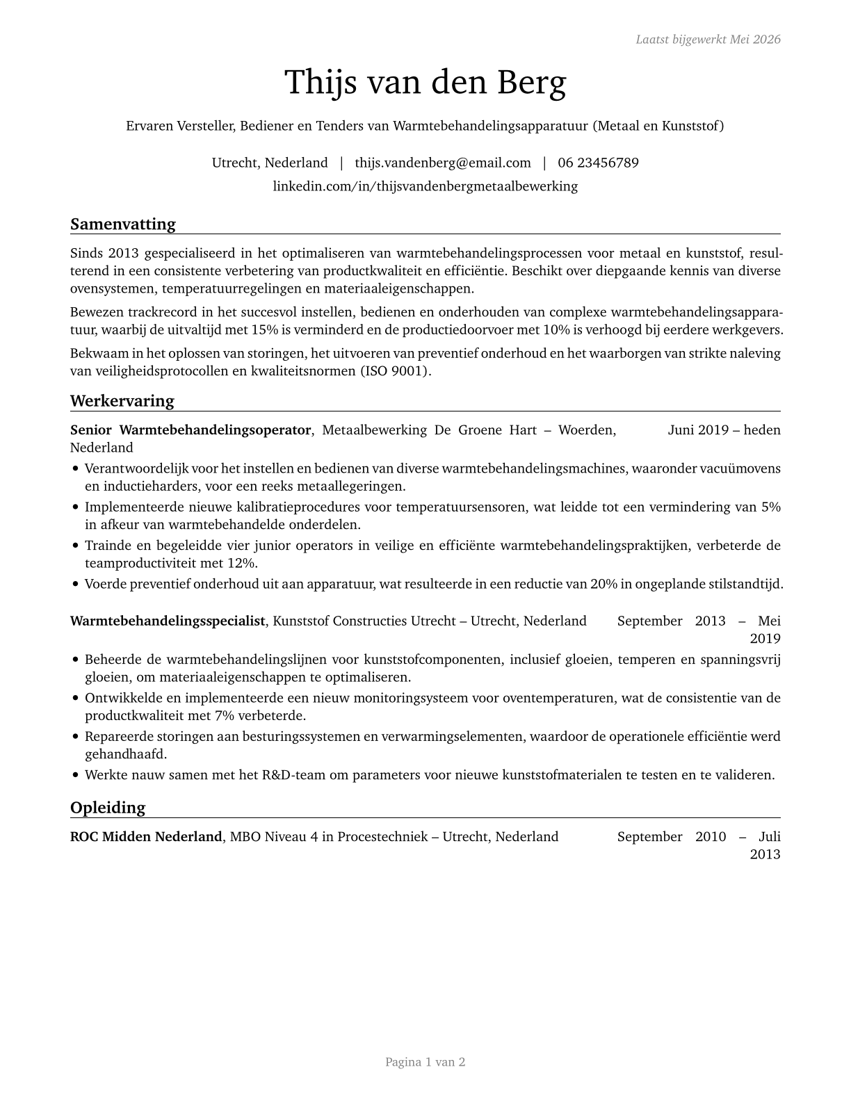 Heat Treating Equipment Setters, Operators, and Tenders, Metal and Plastic CV in Dutch — page 1