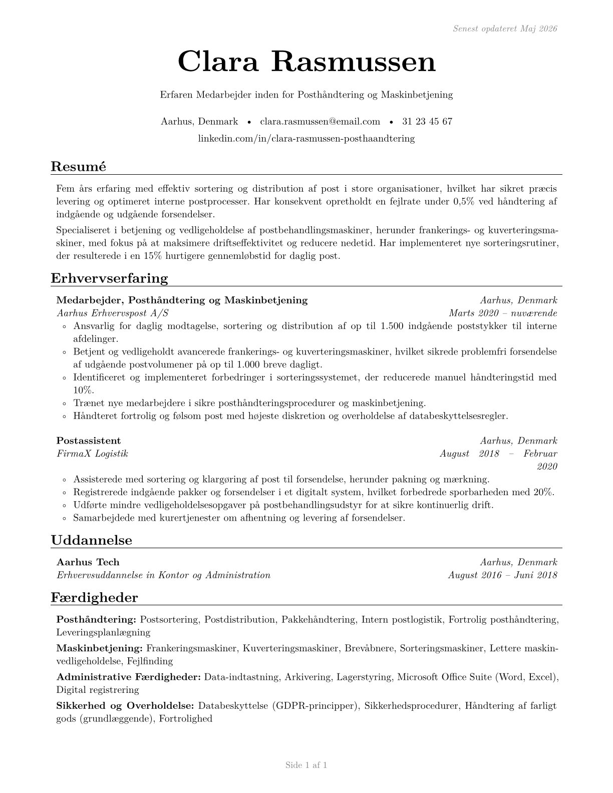 Mail Clerks and Mail Machine Operators, Except Postal Service CV in Danish — page 1