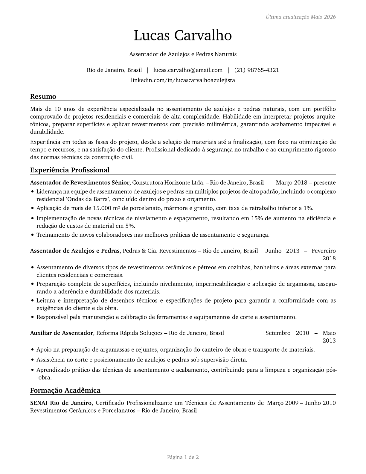 Tile and Stone Setters CV in Portuguese — page 1