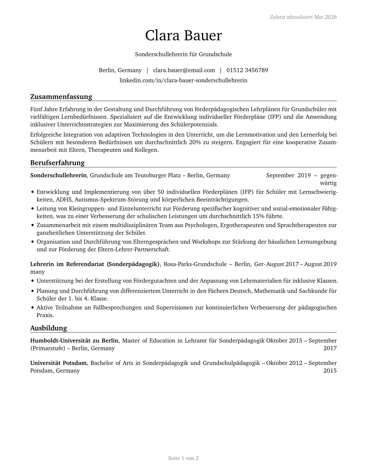 Special Education Teachers, Elementary School CV in German — page 1