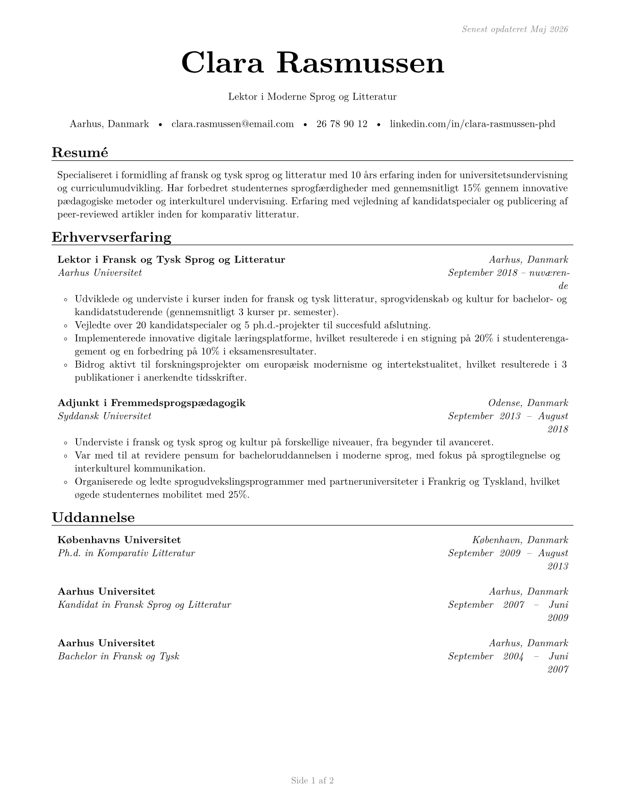 Foreign Language and Literature Teachers, Postsecondary CV in Danish — page 1