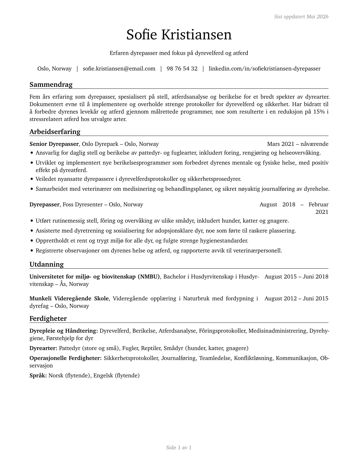 Animal Caretakers CV in Norwegian_bokmal — page 1