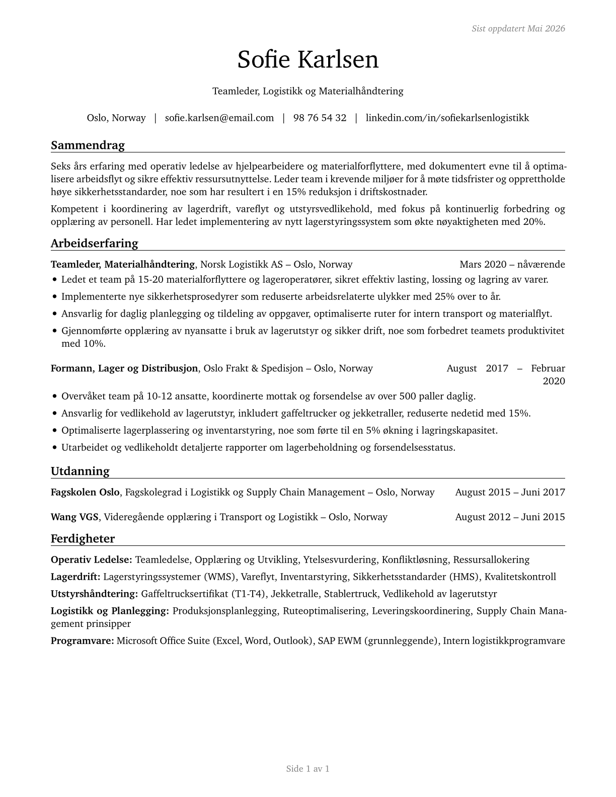 First-Line Supervisors of Helpers, Laborers, and Material Movers, Hand CV in Norwegian_bokmal — page 1