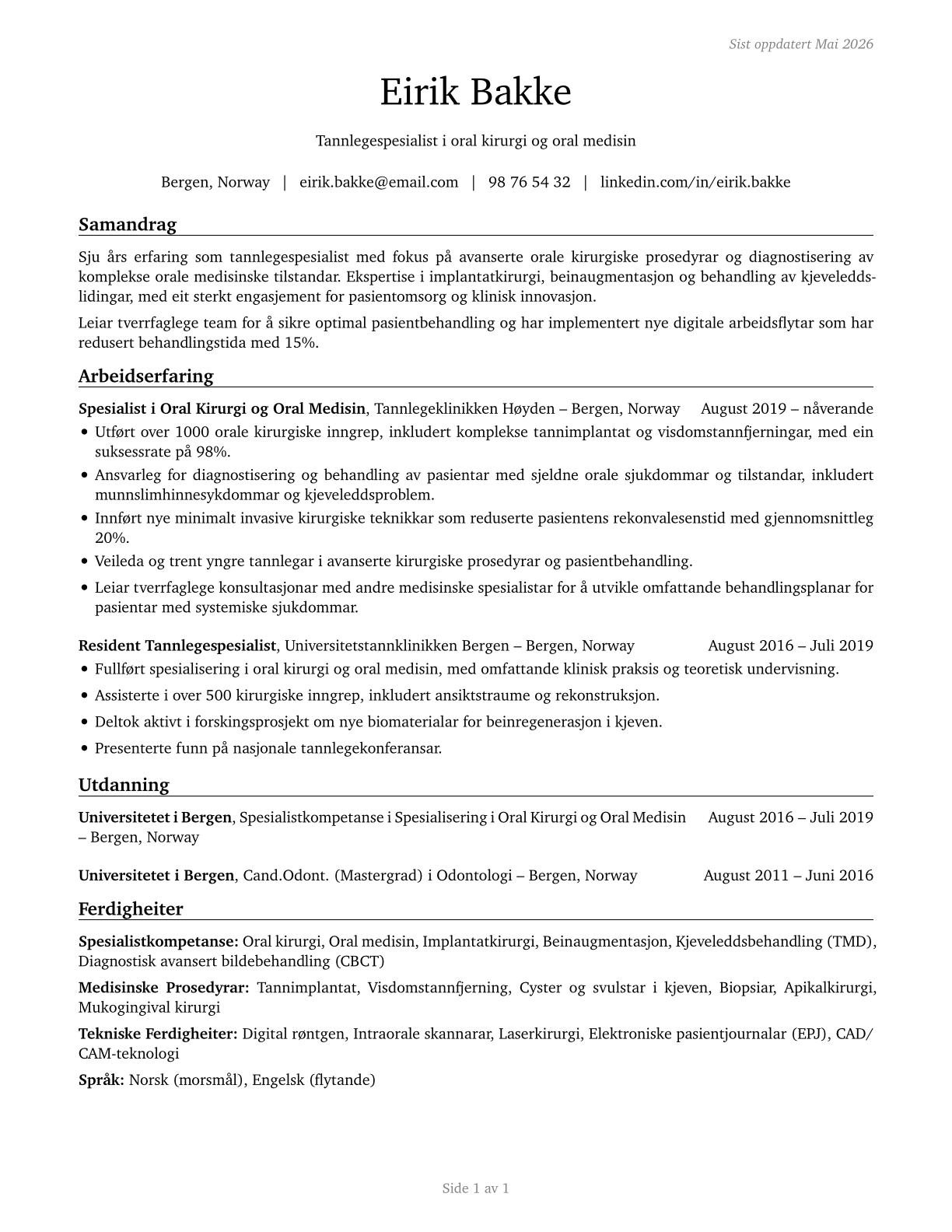 Dentists, All Other Specialists CV in Norwegian_nynorsk — page 1