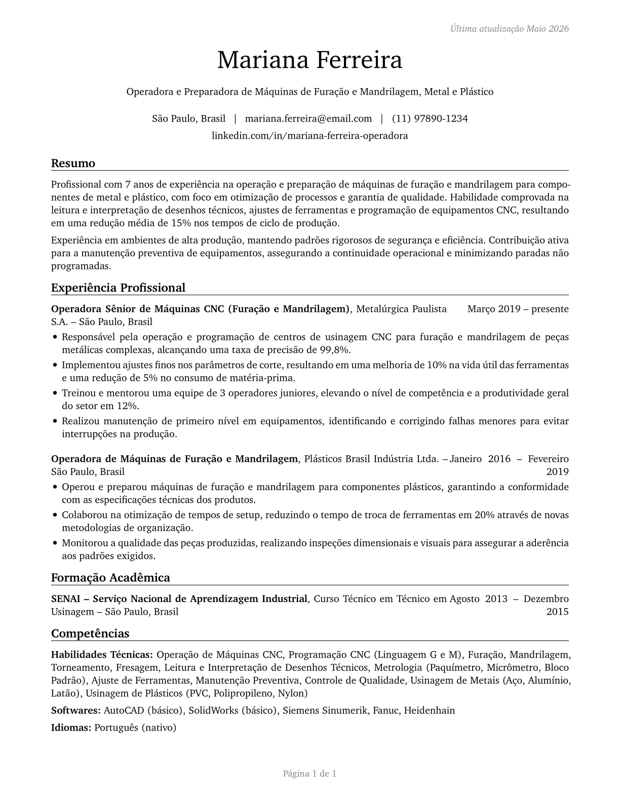 Drilling and Boring Machine Tool Setters, Operators, and Tenders, Metal and Plastic CV in Portuguese — page 1