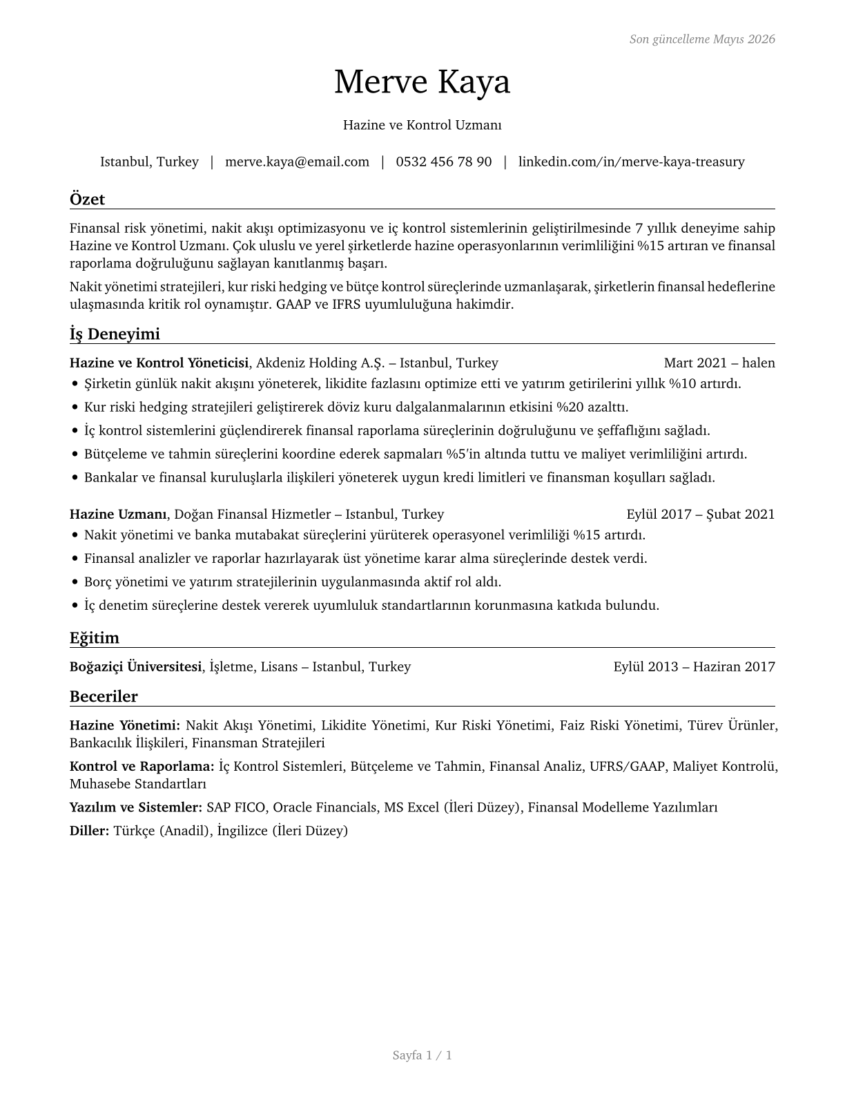 Treasurers and Controllers CV in Turkish — page 1