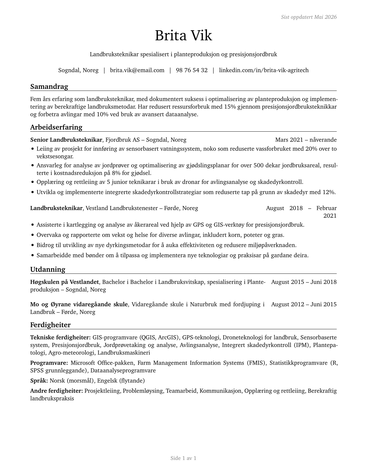 Agricultural Technicians CV in Norwegian_nynorsk — page 1